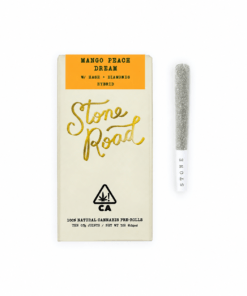 Alt text: Stone Road's Mango Peach Dream pre-rolls with hash and diamonds, featuring stylish packaging and a single joint.