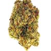 Close-up of a cannabis bud featuring vibrant green and gold hues, showcasing its rich texture and trichomes.