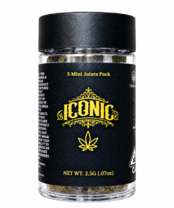 Pack of 5 mini cannabis joints in a stylish jar, labeled ICONIC, weighing 2.5g total. Ideal for convenient use.