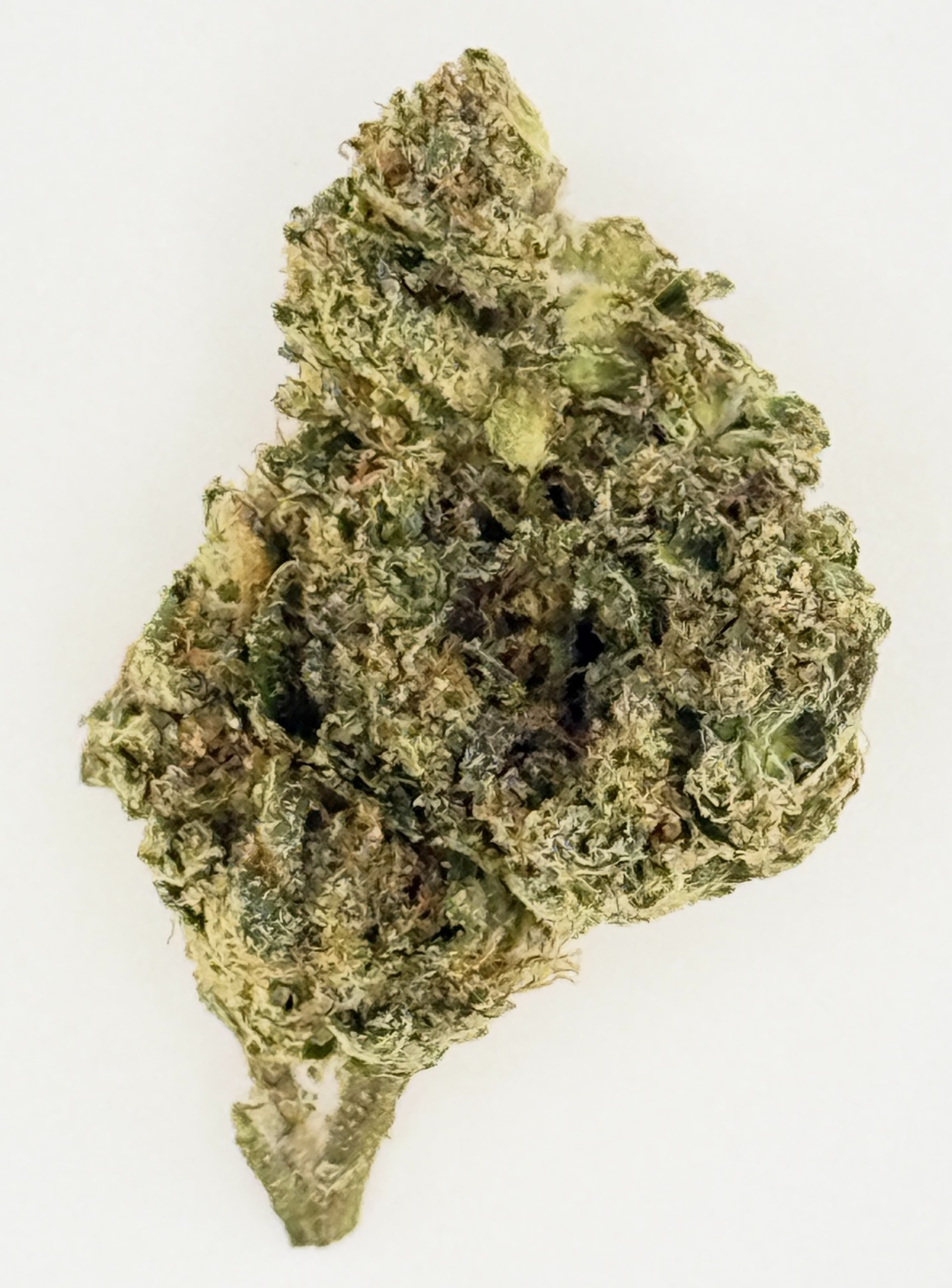 Cherry Popperz 1 Close-up of a cannabis bud showcasing its dense, frosty trichomes and vibrant green hues on a white background.