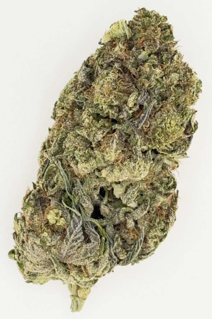 Close-up of a dense cannabis bud showcasing vibrant green hues and frosty trichomes, ideal for medical or recreational use.