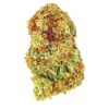 Close-up of a vibrant cannabis bud featuring green and orange hues, showcasing its rich texture and trichome details.