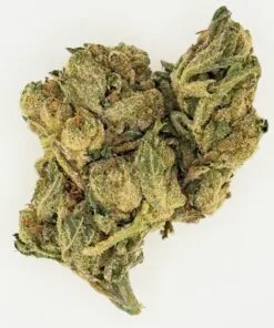 Close-up of premium cannabis buds, showcasing rich green hues and frosty trichomes against a clean white background.