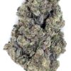 Close-up of green cannabis bud, showcasing its trichomes and vibrant colors on a white background.
