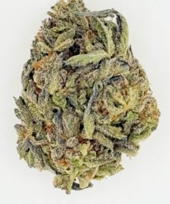 Close-up of a cannabis bud showcasing its vibrant green and orange hues, rich texture, and frosty trichomes.