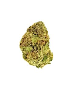 Close-up of a green cannabis bud with visible trichomes and leaf details, highlighting its natural texture and color.