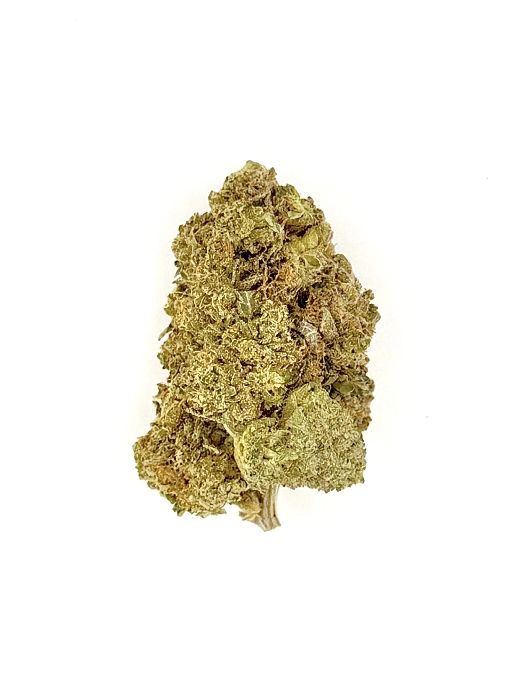 Chem Candy (Ounce) 1 Close-up of a cannabis bud showcasing its vibrant green hues and intricate trichome details on a white background.