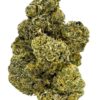 Close-up of a vibrant cannabis flower with dense buds, showcasing rich green colors and a frosty trichome layer.