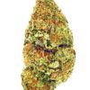 Close-up of a vibrant cannabis bud showcasing green and orange hues, highlighting its rich texture and density.