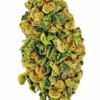 Close-up of vibrant cannabis bud highlighting its dense trichomes and rich green and orange hues. Ideal for cannabis enthusiasts.
