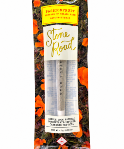 Stone Road passionfruit-infused cannabis pre-roll with Gelato hash, highlighting sativa-hybrid and natural ingredients.