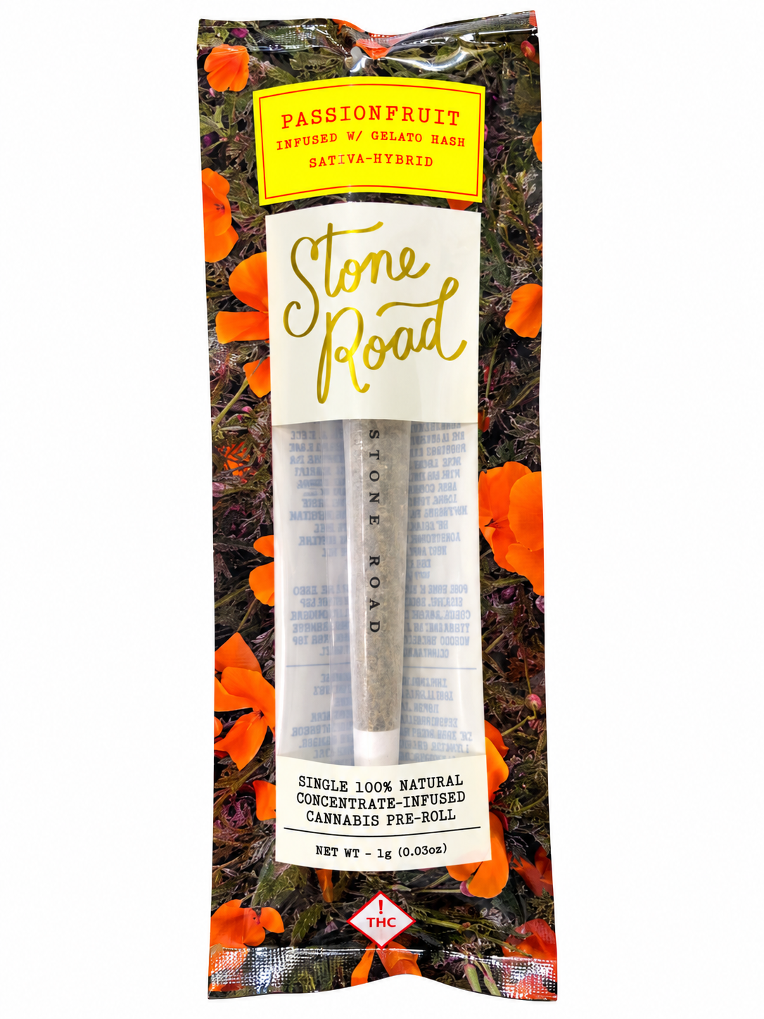 Passion Fruit – 1g Infused Preroll | Stone Road 1 Stone Road passionfruit-infused cannabis pre-roll with Gelato hash, highlighting sativa-hybrid and natural ingredients.