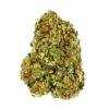 Close-up of fresh, green cannabis bud showcasing its texture and color against a white background.