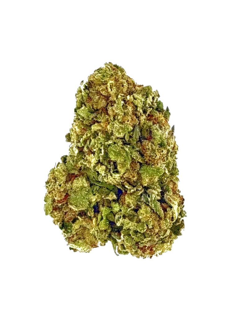 Close-up of fresh, green cannabis bud showcasing its texture and color against a white background.
