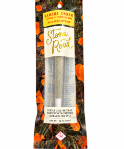 Stone Road Banana Dream cannabis pre-roll featuring Horohata hash, balanced hybrid, 1g, vibrant floral packaging.