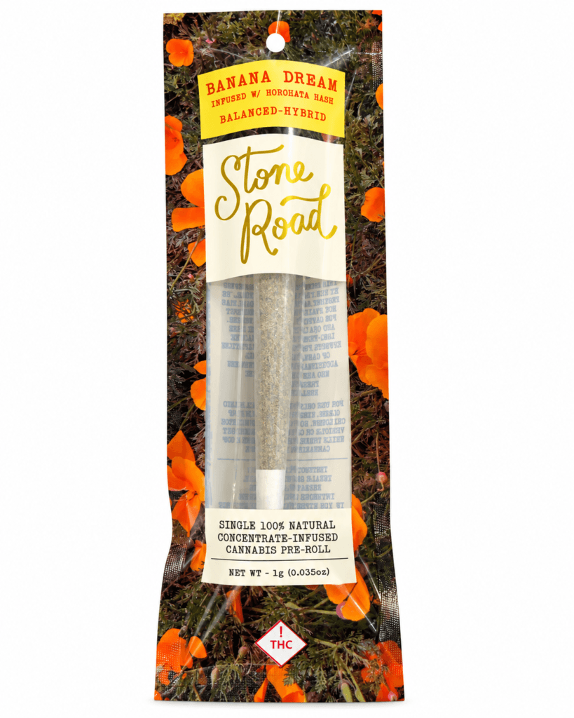 Stone Road Banana Dream cannabis pre-roll featuring Horohata hash, balanced hybrid, 1g, vibrant floral packaging.