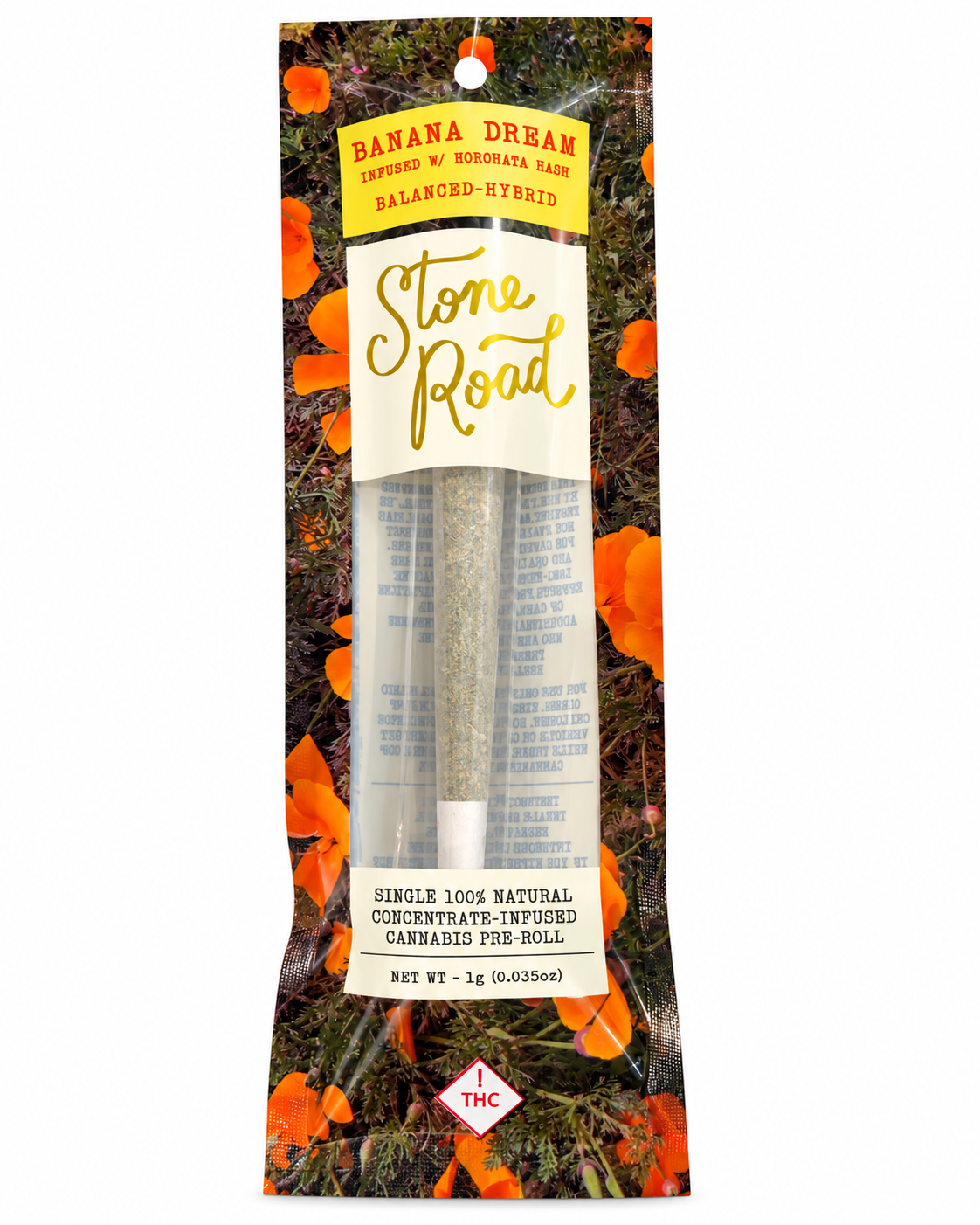 Banana Dream – 1g Infused Preroll | Stone Road 1 Stone Road Banana Dream cannabis pre-roll featuring Horohata hash, balanced hybrid, 1g, vibrant floral packaging.